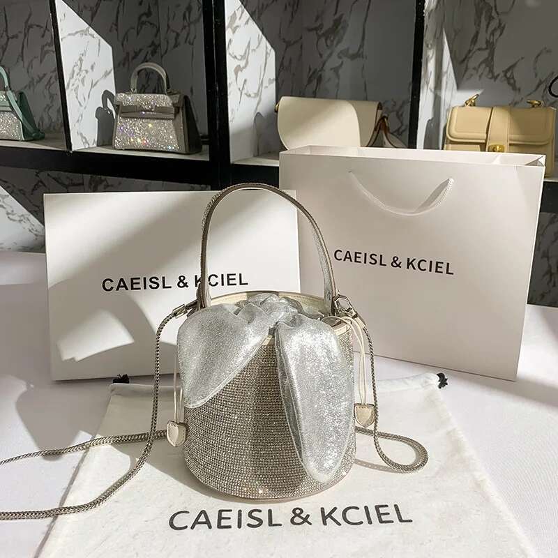 Women Handbag Glitter Bucket Crystal Shiny Rhie Dia Evening Wedding Party Clutch Purse Shoulder Crossbody Bag