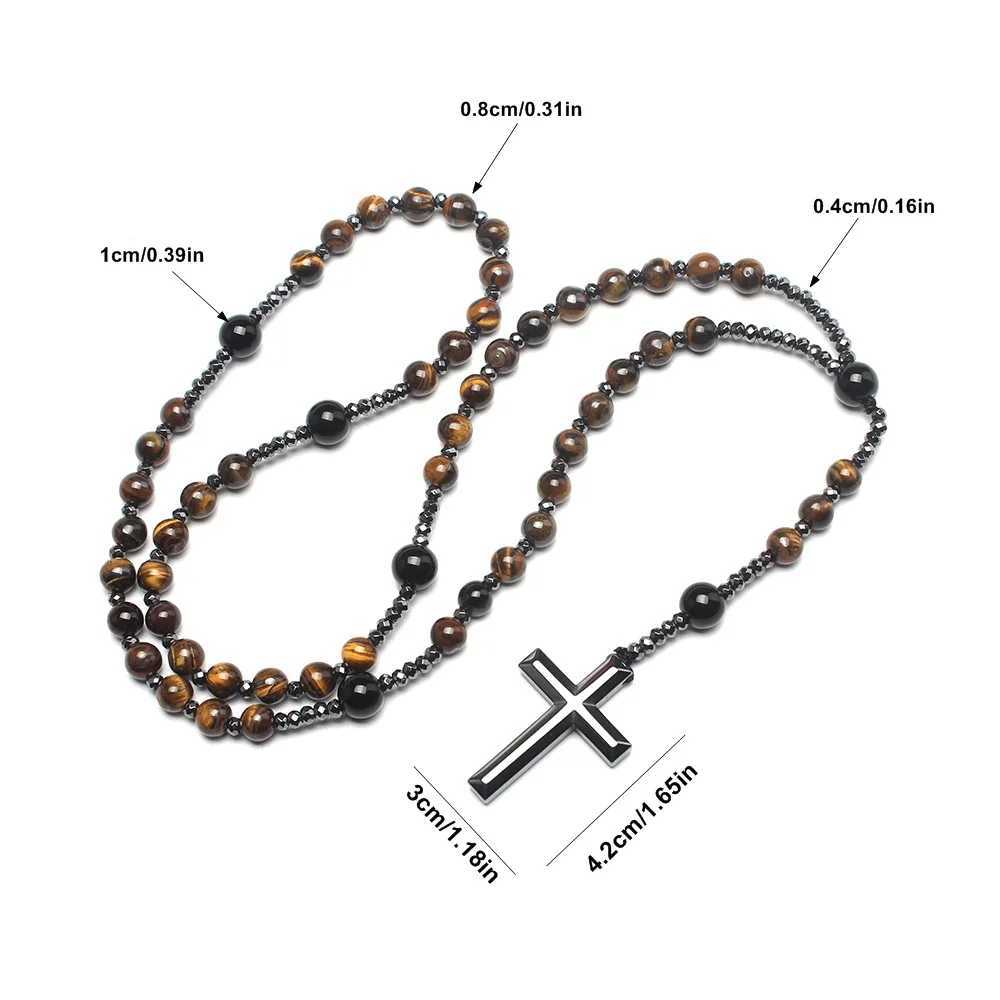 Natural Stone Tiger-eye Beads Hematite Cross Pendant Necklace for Men and Women Rosary JewelryXJ250219