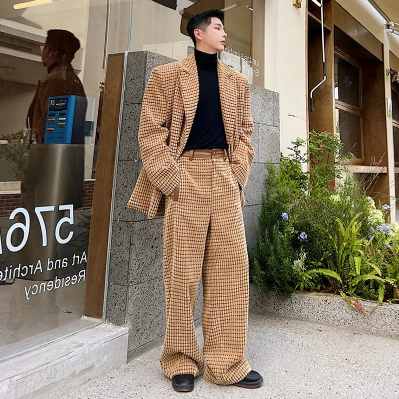 IEFB Spring Korean Chic Male Set Corduroy PU Leather Spliced Two-piece Shoulder Pad Blazer Straight Pants Men Wear 250220