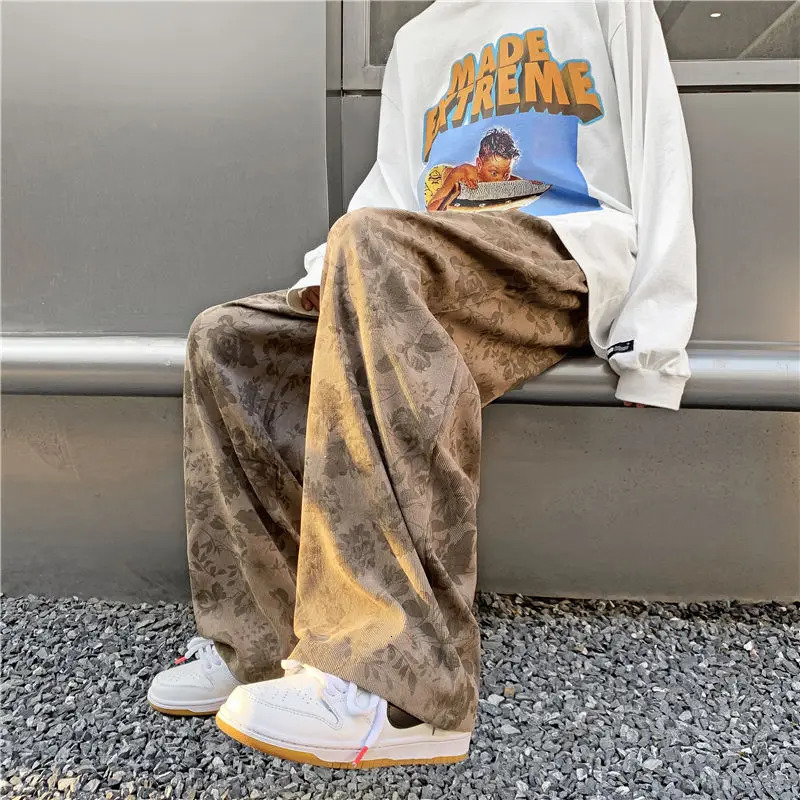 Vintage Floral Corduroy Pants Streetwear Y2k Men Wide leg Oversize Harajuku Casual Straight Long Trousers Korean Fashion 250220