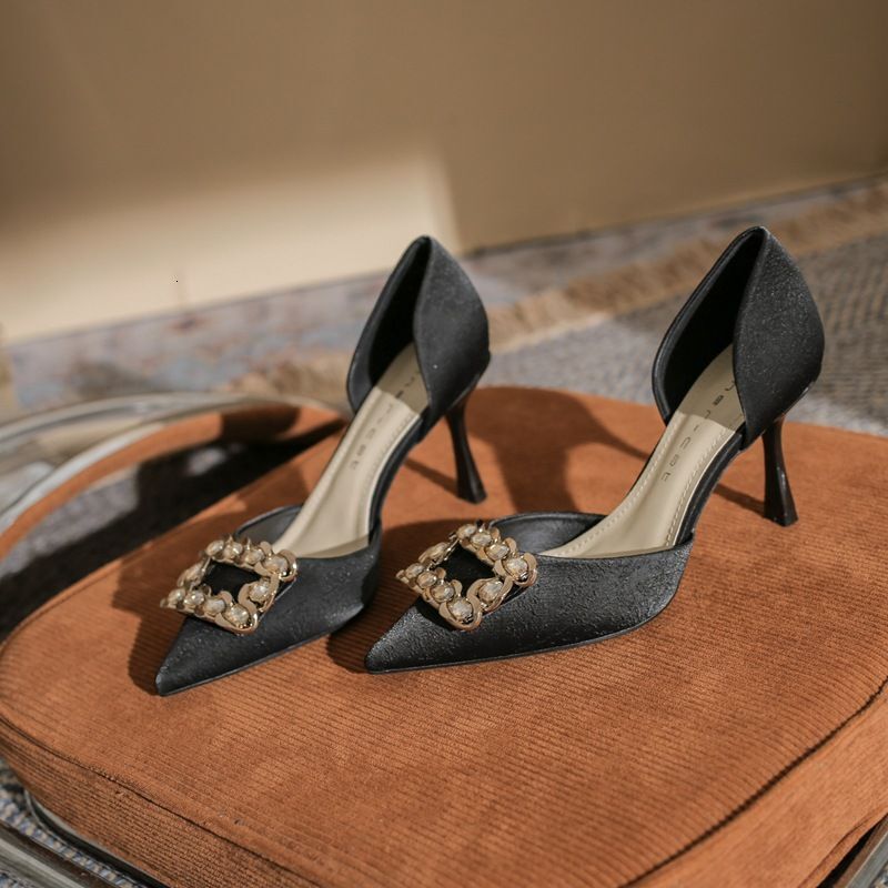 82308 Pointed Toe High Women's Stiletto Heels 2024 Spring And Summer New Style Square Buckle Large Rhie French Hollow Shoes