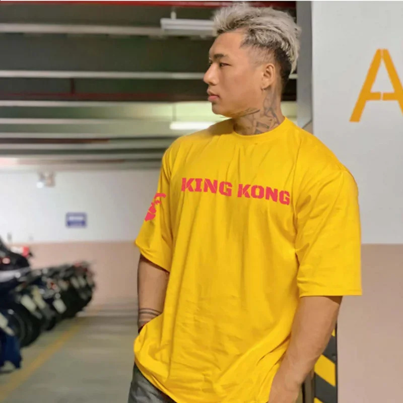 Trendy loose fitting men sports short sleeved Tshirt summer printing pure cotton half sleeve gym running training 250218