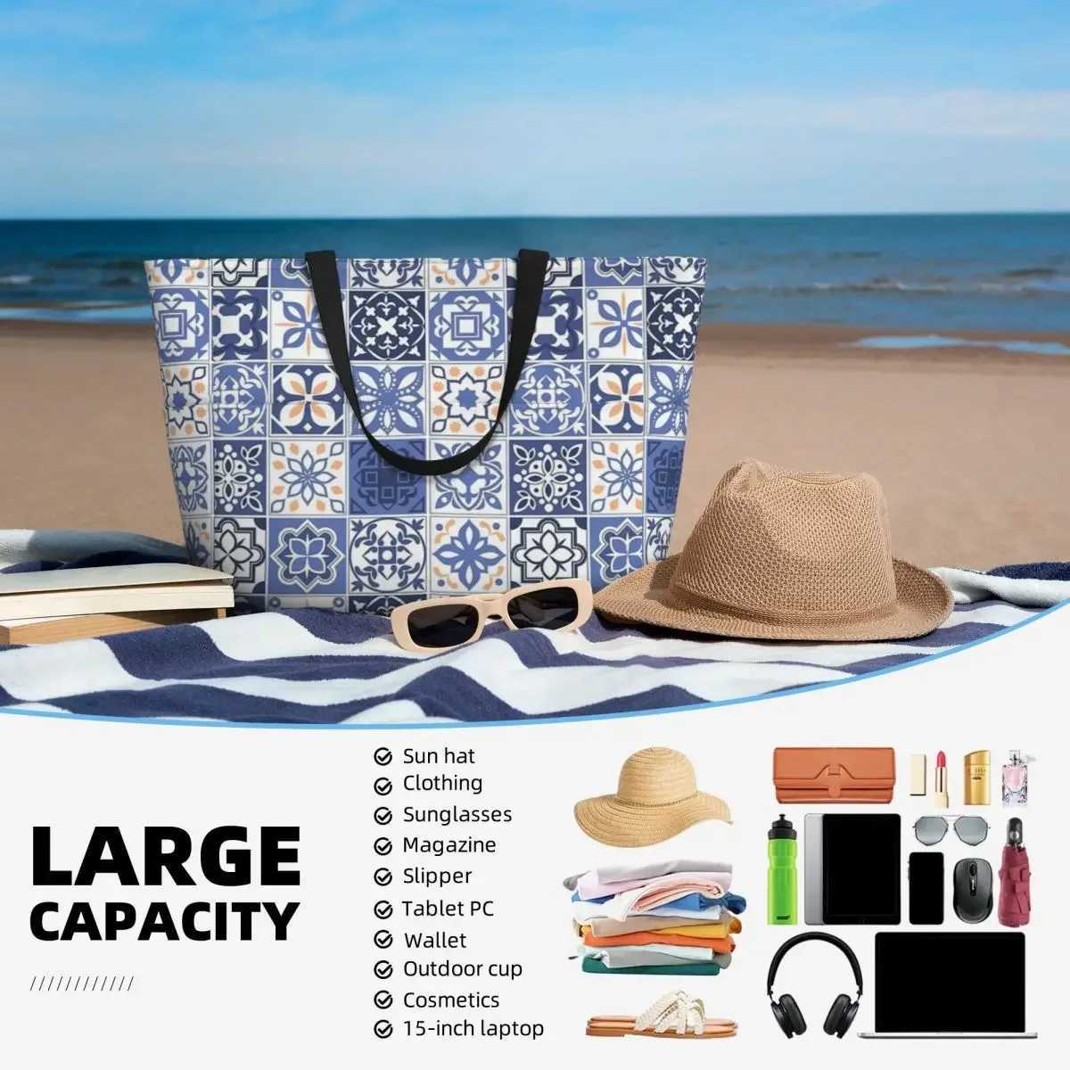 Blue Portuguese Tile Beach Travel Bag Tote Bag Popular Practical Out Birthday Gift Multi-Style Pattern Z250219