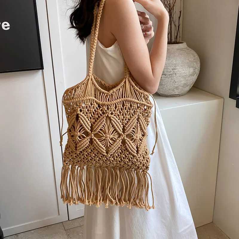 Summer beach bag womens mesh rope knitted bucket shoulder bag mesh hollow travel shopping bag womens fashion handbag Z250219