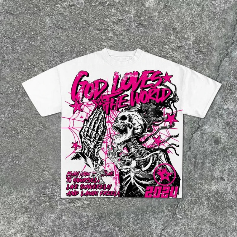 Casual Short Sleeve God Loves The World Graphics Cotton TShirt Men Y2K Sleeves Oversize Tshirt Streetwear Women Tops 250214