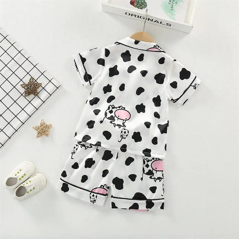 Boys Girls Kids Pajama Sets Cartoon Cow Short Sleeve T-Shirt Tops with Pants Toddler Baby Sleeping Clothes Pijamas Sleepwear 250219