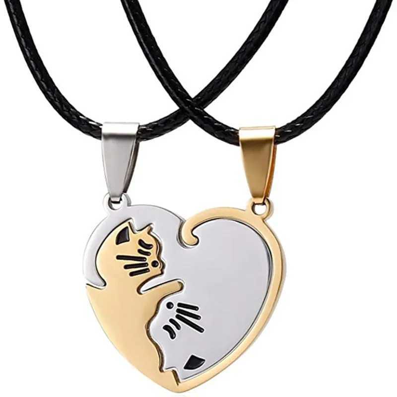 2 Pcs/set Couple Heart Necklace Cute Cartoon Cat Pendant Necklace Simple Color Black Animal Necklace Jewelry Gift For Girl BoysXJ250219