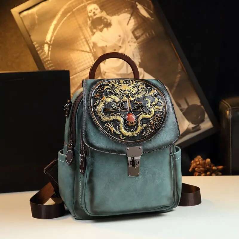 Retro National Style Leather Backpack Female Dragon Year Emment Large Capacity Single Shoulder Multi-Functional Travel Bag