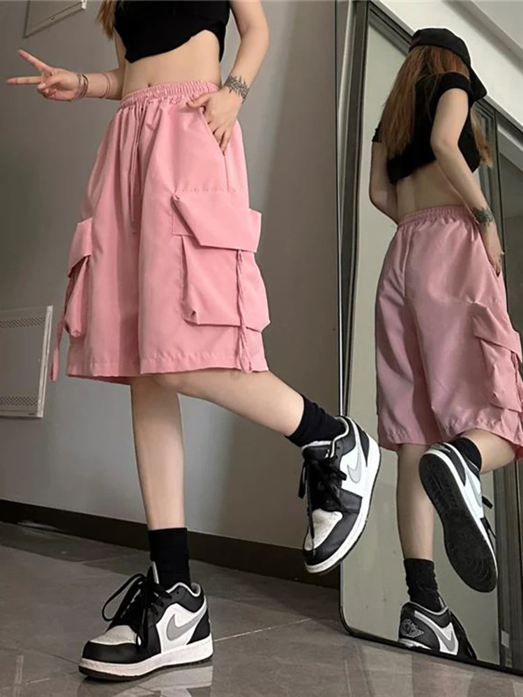 Zoki Streetwear Hip Hop Cargo Shorts Women Vintage Harajuku High Waist Y2K Short Pants Casual Korean Pockets Bf Shorts Summer 250219