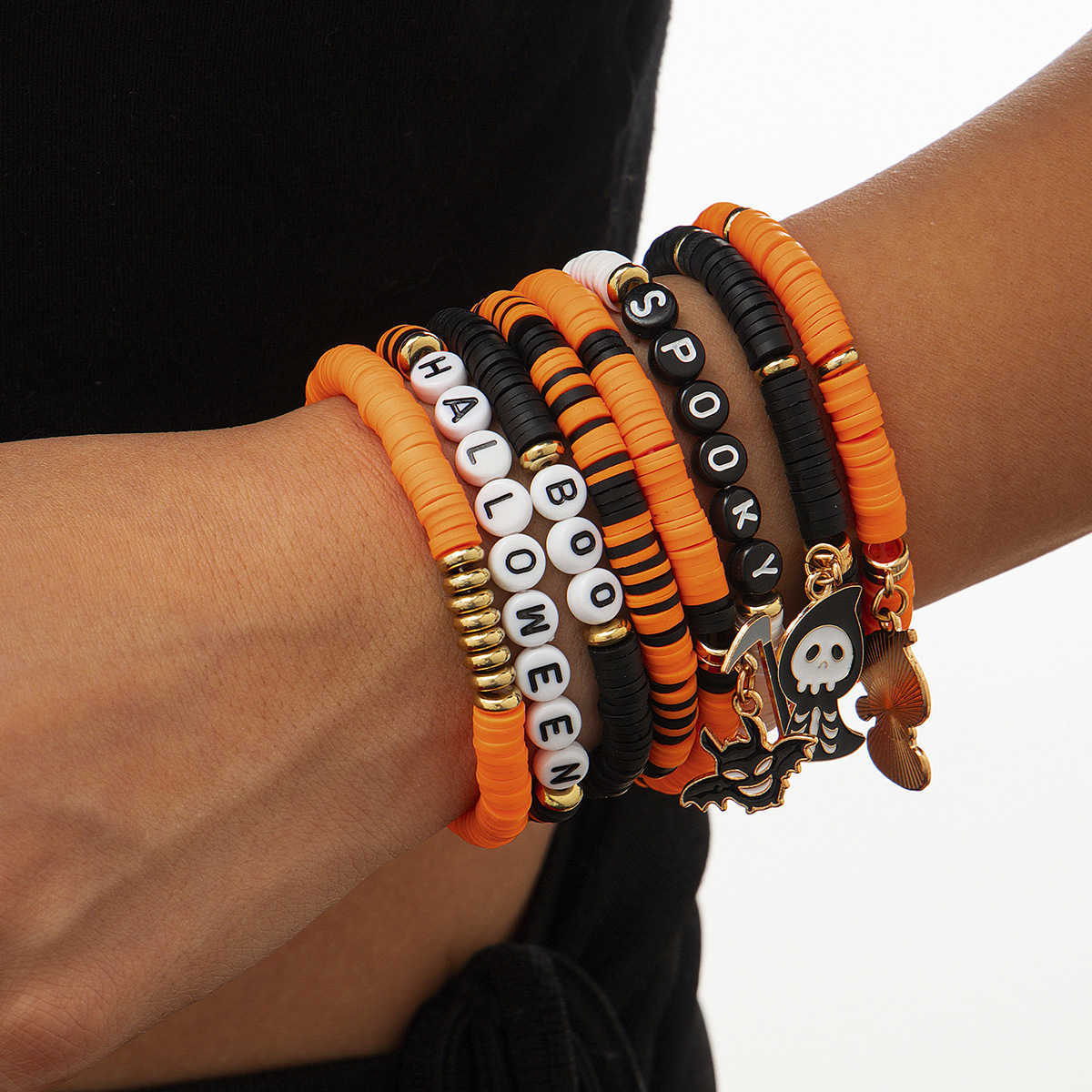 Charm Bracelets Halloween Pumpkin Soft Ceramic Bracelet Punk Alloy Letter Gothic Style Multi Layer Bracelet H25220