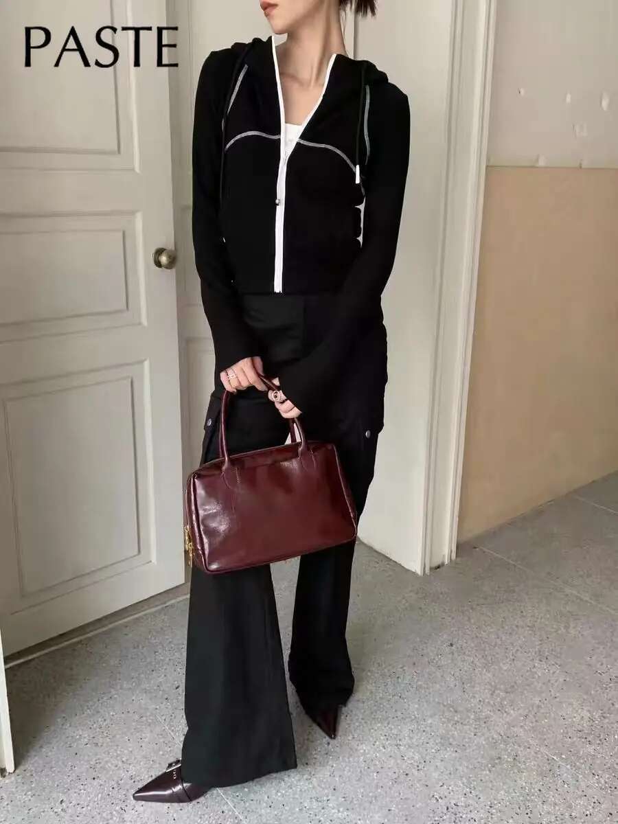 French Retro Boston Tote Wine Red Color Glossy Oil Wax Cow Leather Women Handbag Office Workplace Female Shoulder Bag