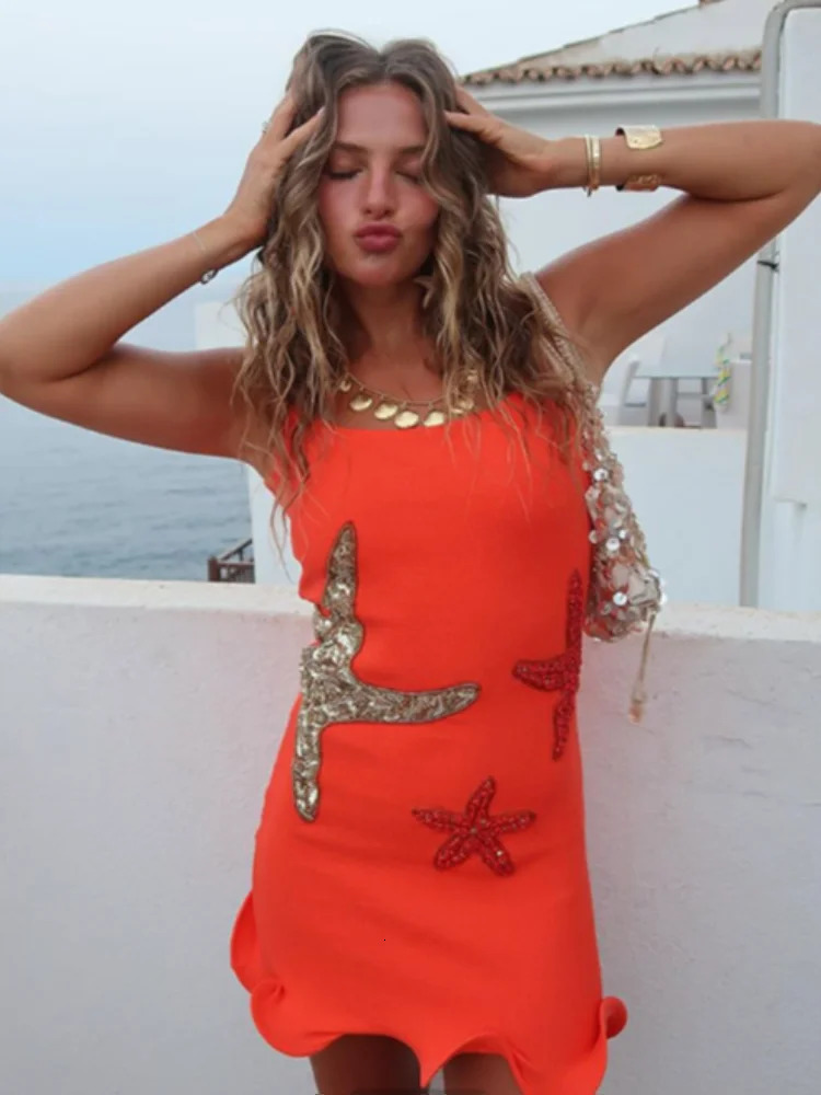 Chic Sparkling Star Print Ruffle Women Mini Dresses Elegant Sleeveless Backless Pleated Knit Prom Dresses Female Party Robe 250219