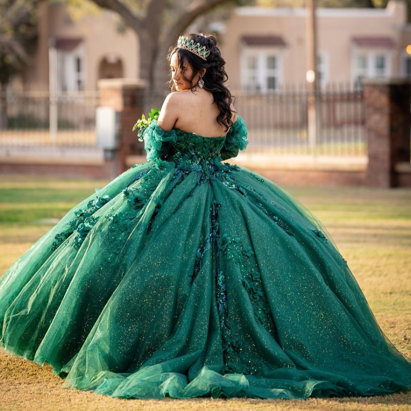 Blackish Green Shiny Quinceanera Dresses Ball Gown Off The Shoulder Applique Lace Beads Tull Party Birthday Sweet 16 Dress Vestido 15 De Anos