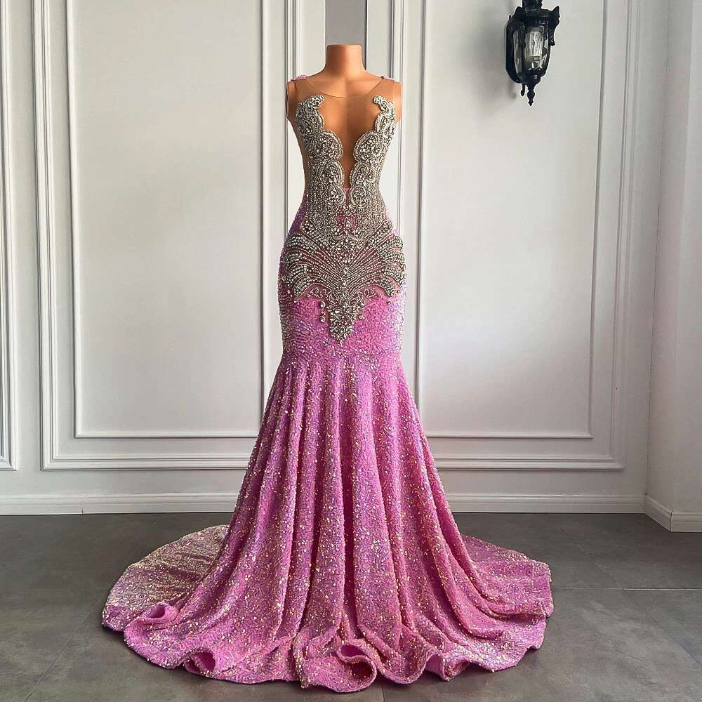 Real Image Long Gowns 2025 Sexy Mermaid Style Pure Mesh Silver Diamond Black Girls prom Pink Laces Graduation Ball Gown