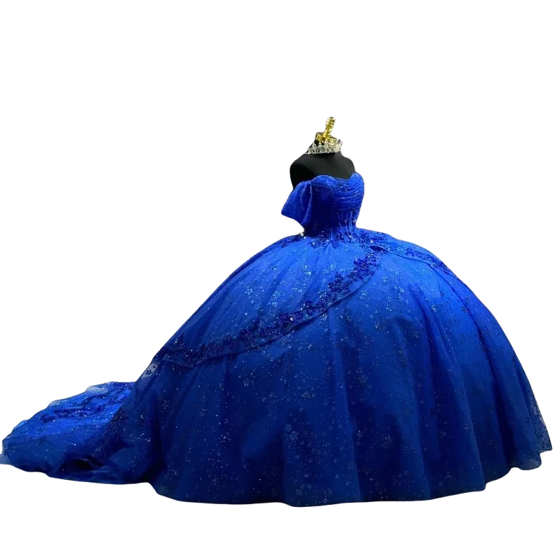 Glitter Sequins Quinceanera Dresses Princess Ball Gown Off Shoulder Luxurious Royal Blue Prom Birthday Party Dress For Girls Ruffle Corset Vestido De 