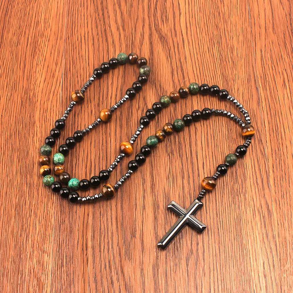 Natural Stone Africa Turquoise and Tiger-eye Beads Cross Pendant Necklace Rosary for Men and WomenXJ250219