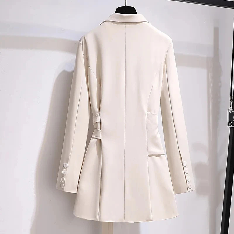 Women Blazer Autumn Clothing Belt Coats Long Sleeve Jacket Irregular Suit Dress for OL Solid Femme 250213