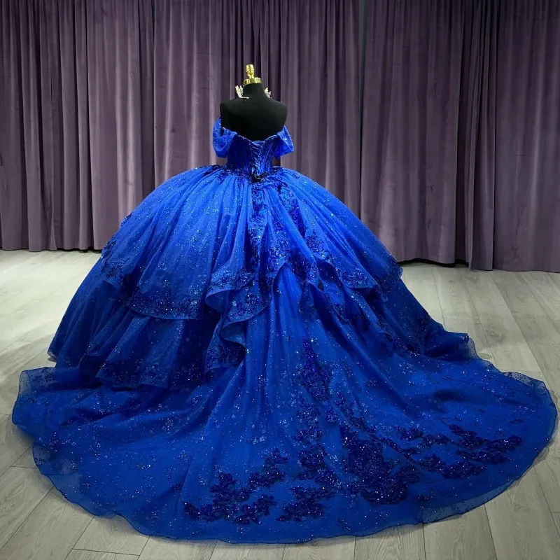 Glitter Sequins Quinceanera Dresses Princess Ball Gown Off Shoulder Luxurious Royal Blue Prom Birthday Party Dress For Girls Ruffle Corset Vestido De 