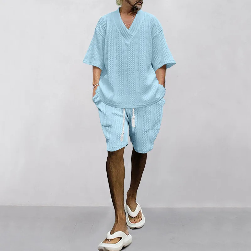 casual loose one seventh sleeve jacquard Vneck top mens beach vacation set European size 2piece 250220