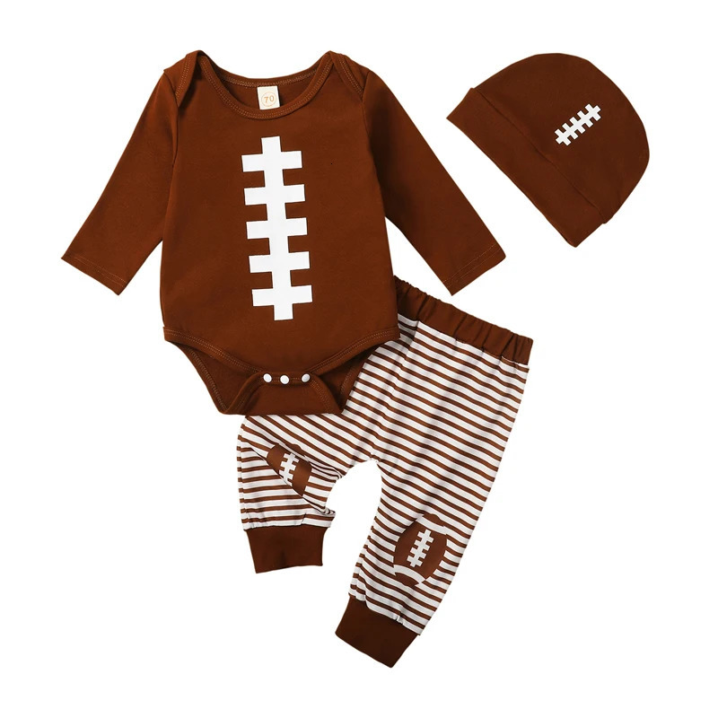 -08-02 Lioraitiin 0-18M Baby Boy Girl Football Outfit Long Sleeve Sweatshirt Romper Rugby Stripe Elastic Pants 3PCS Clothes 250219