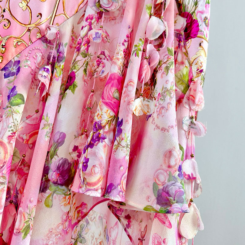 Women's Floral Print Silk Halter Neck Dress Classic Deep V-Neck Ruffled Backless Embroidered Fringe Crystal Rhinestones Spring Vacation Style Lux