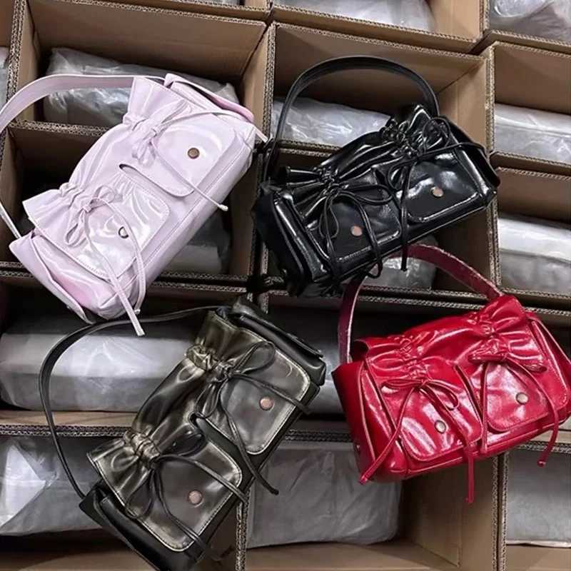2024 New in Distressed PU Leather Bow Underarm Pleated Shoulder Bag Bags for Women Luxury Designer Handbag and Purses Y250218