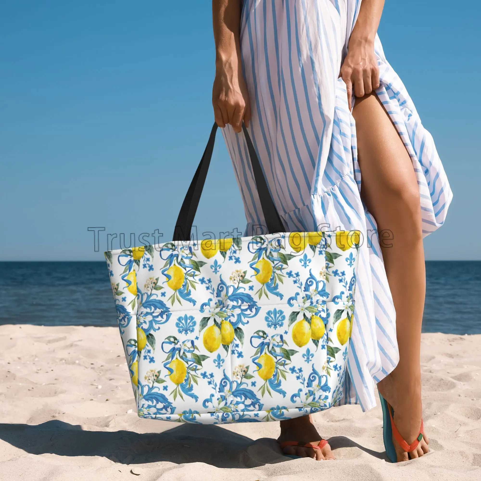 Summer Tropical Lemon Waterproof Beach Bags for Women Utility Zipper Tote Bag Lightweight Sandproof Swim Pool Bags Large Totes Z250219