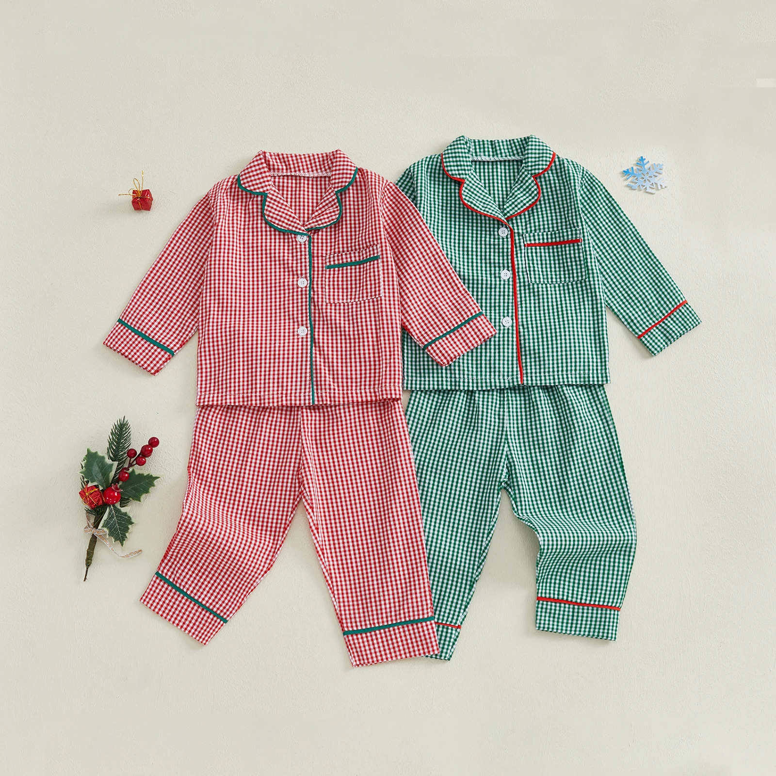 1-4Years Kids Baby Girl Boy Christmas Pajamas Set Autumn Plaid Print Long Sleeve Shirt and Pants 2Pieces Set Toddler Sleepwear 250220