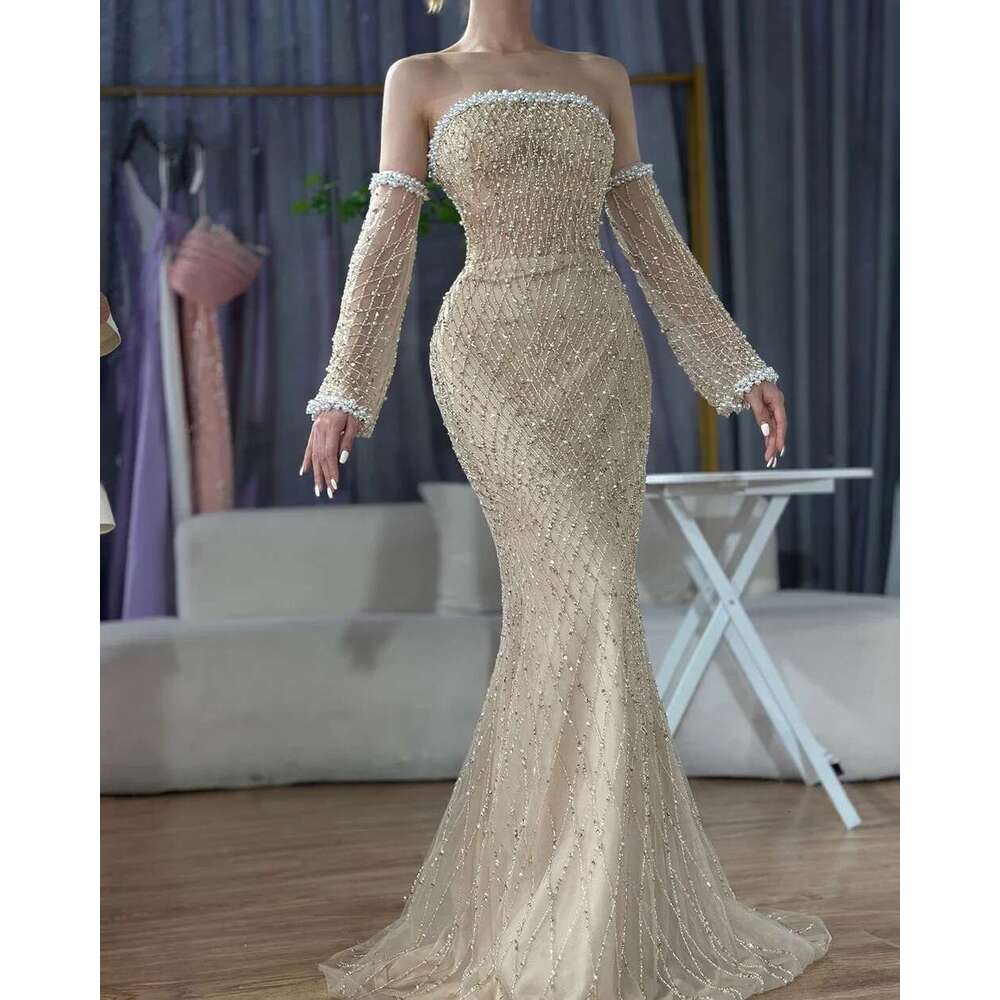 Nude Elegant Arabic Strapless Evening Gown Beaded Dress With Gloves For Formal Ocn Customize BLA mal