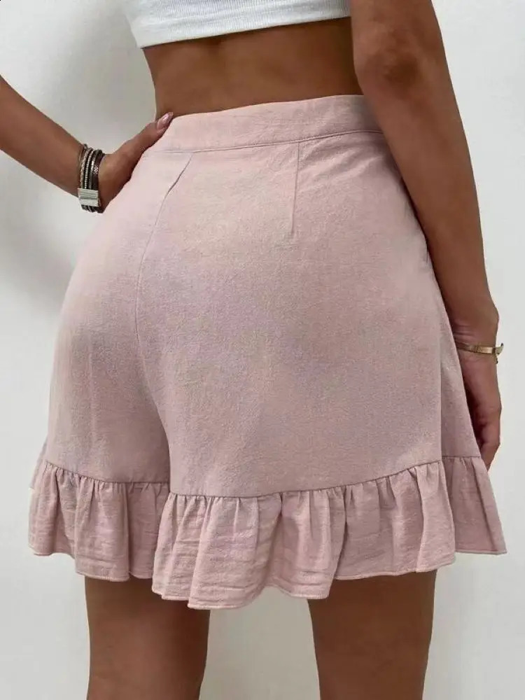 Womens Shorts Loose Cotton Hemp Casual Shorts Button Zipper Solid Color Pocket High Waist Wide Leg Ruffle Edge Shorts 250217