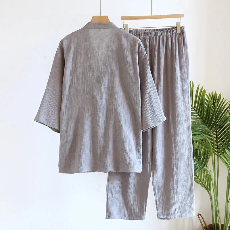 SpringAutumn Japanese Kimono Mens Pajamas Men Sleepwear Male Thin Gauze Cotton LaceUp Top Pants Loose Twopiece Homewear 250220