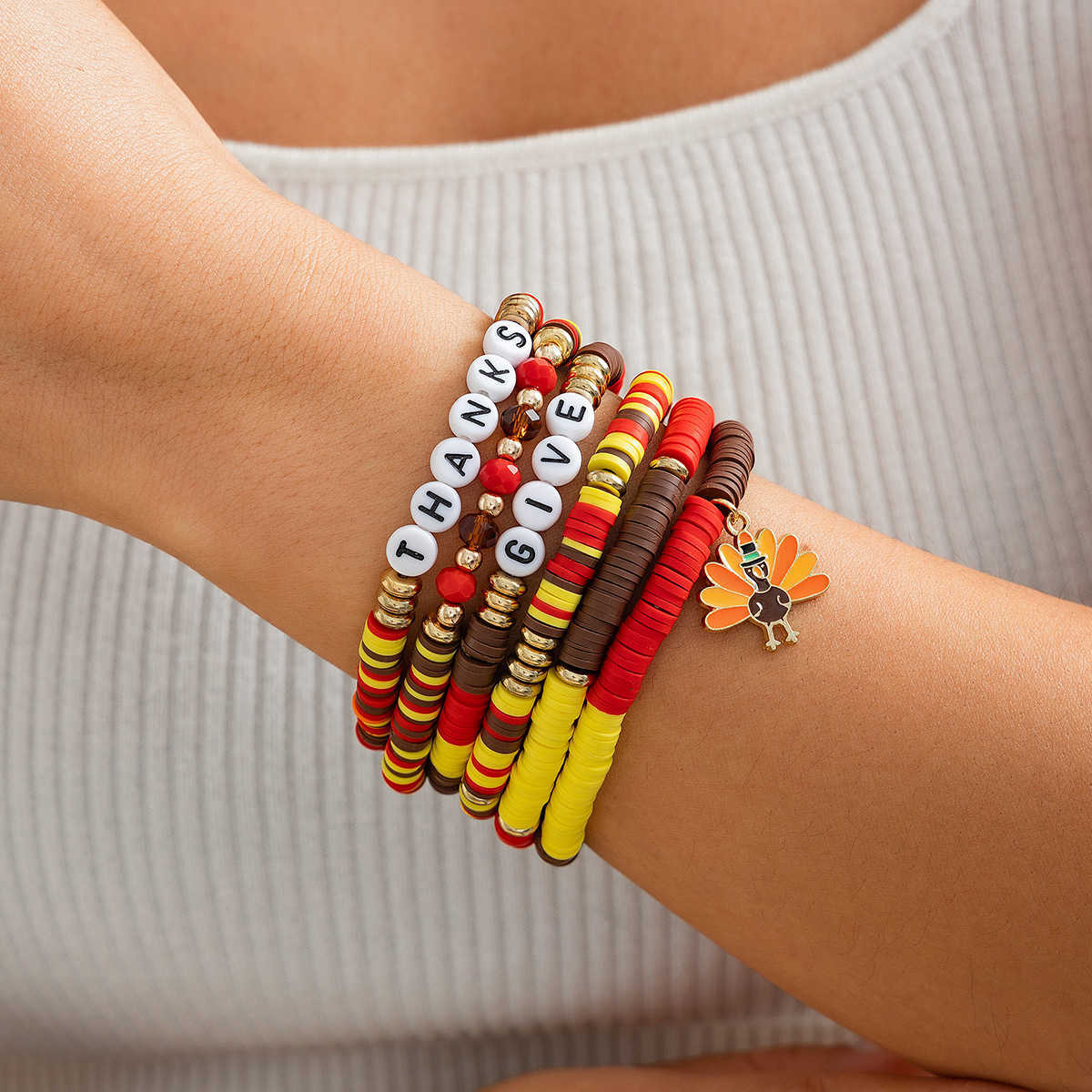 Charm Bracelets Thanksgiving Maple Leaf Acrylic Bracelet Creative Handmade Soft Ceramic Bead Bracelet Set H25220