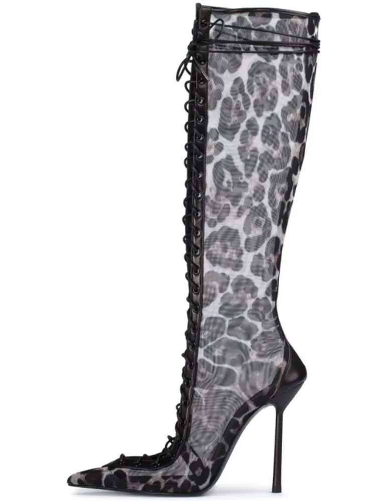 2025 Spring/Summer New Lace Short Mesh Cool Side Zipper Banquet Slimming High Heels Sexy Knee Length Women's Boots