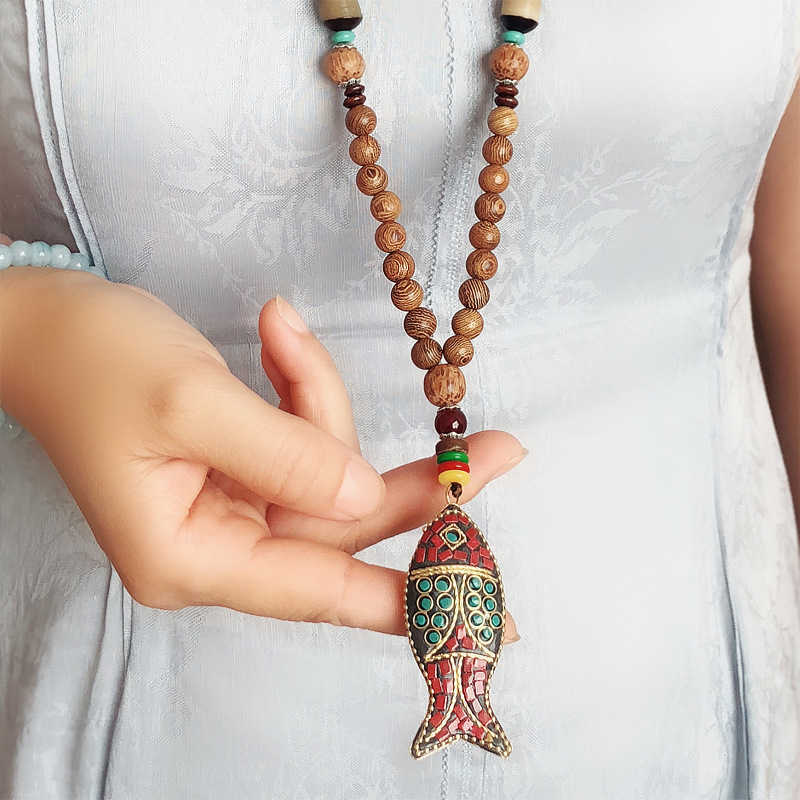 Pendant Necklaces Wind hemp cotton clothing Necklace national wind Buddha beads sweater chain necklace female wooden fish Pendant Long Necklace H25219