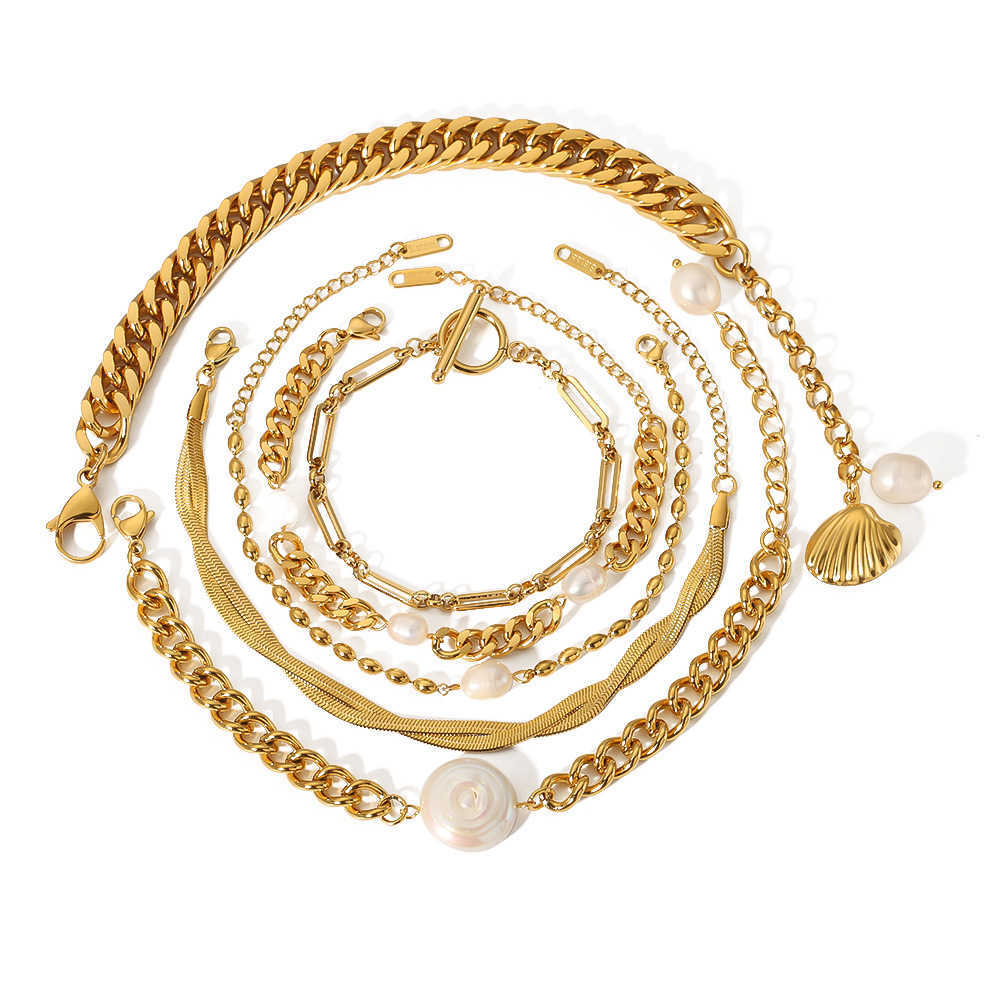 Charm Bracelets Cuban chain double-layer flat snake chain pearl style beach style gold-plated shell OT buckle cross bracelet H25220