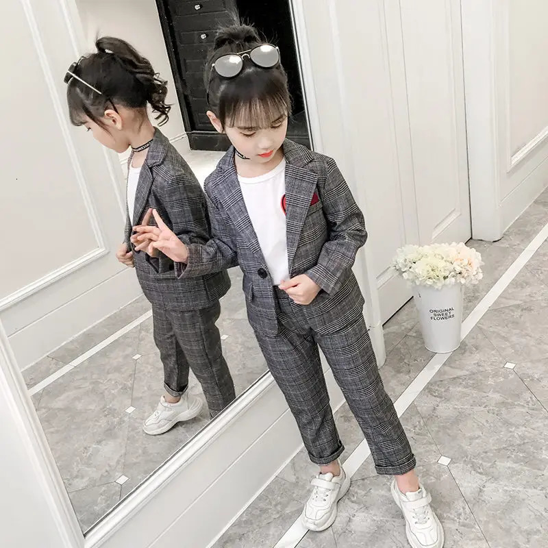 Fashion Wedding Kids Suit for Girls Formal Pant Suits for Teenagers 2PCS Blazer Set Plaid Children Blazer 4 5 7 9 11 13T 250219