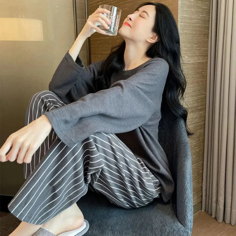2PCS/Set Women Big Size with Chest Pads Pajamas Spring Autumn and Winter Long-Sleeved Headset Loose Homewear Can Be Worn Outside 250219