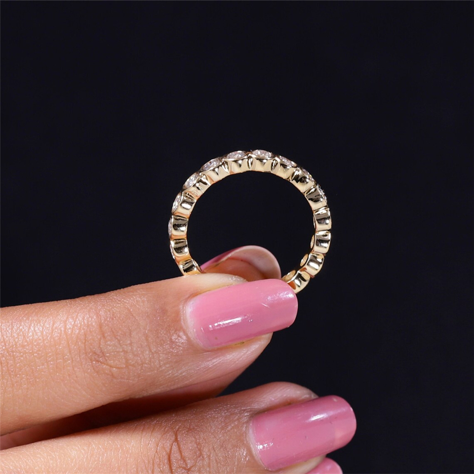 JY Jewelry 14K Rose Sollid Gold Round 2.0mm Bezel Set Lab Diamond Full Eternity Band Ring 18K Solid Gold Stackable Wedding Ring For Women Gift
