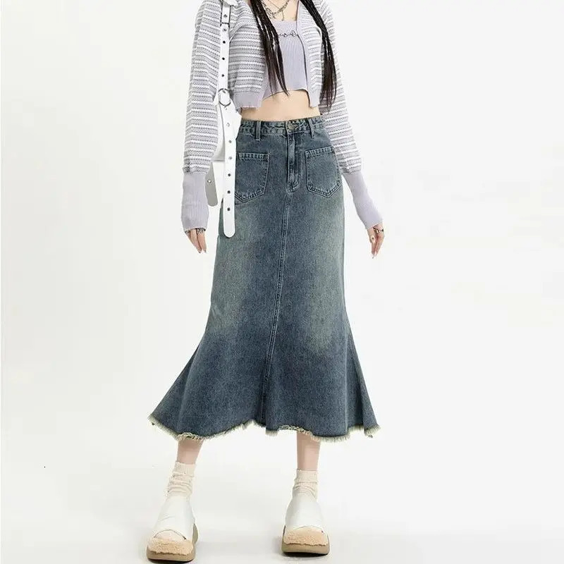 Womens high waisted retro denim leather niche n fishtail skirt medium long Aline 250220