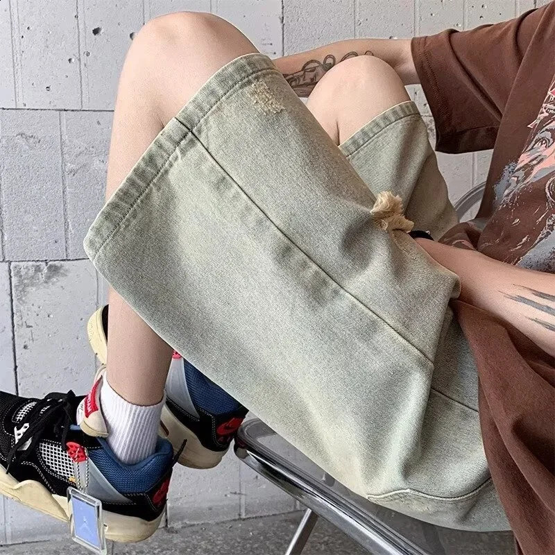 Summer Distressed Ripped Jorts Mens Drawstring Retro Fashion Denim Shorts Mens Y2K Streetwear Baggy Short Jeans Blue Bermuda 250220