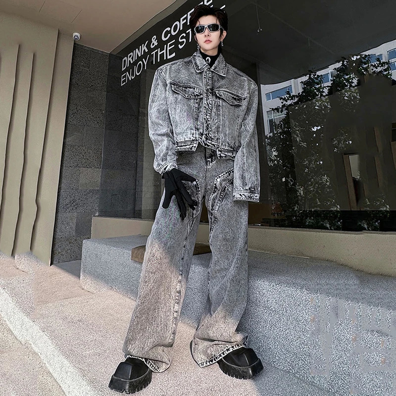 PFNW Mens Grey Trouser Set Patch Pocket Embossed Denim Short Jacket and Wide Leg Jeans Spring Loose Two Piece Set 9C4491 250220