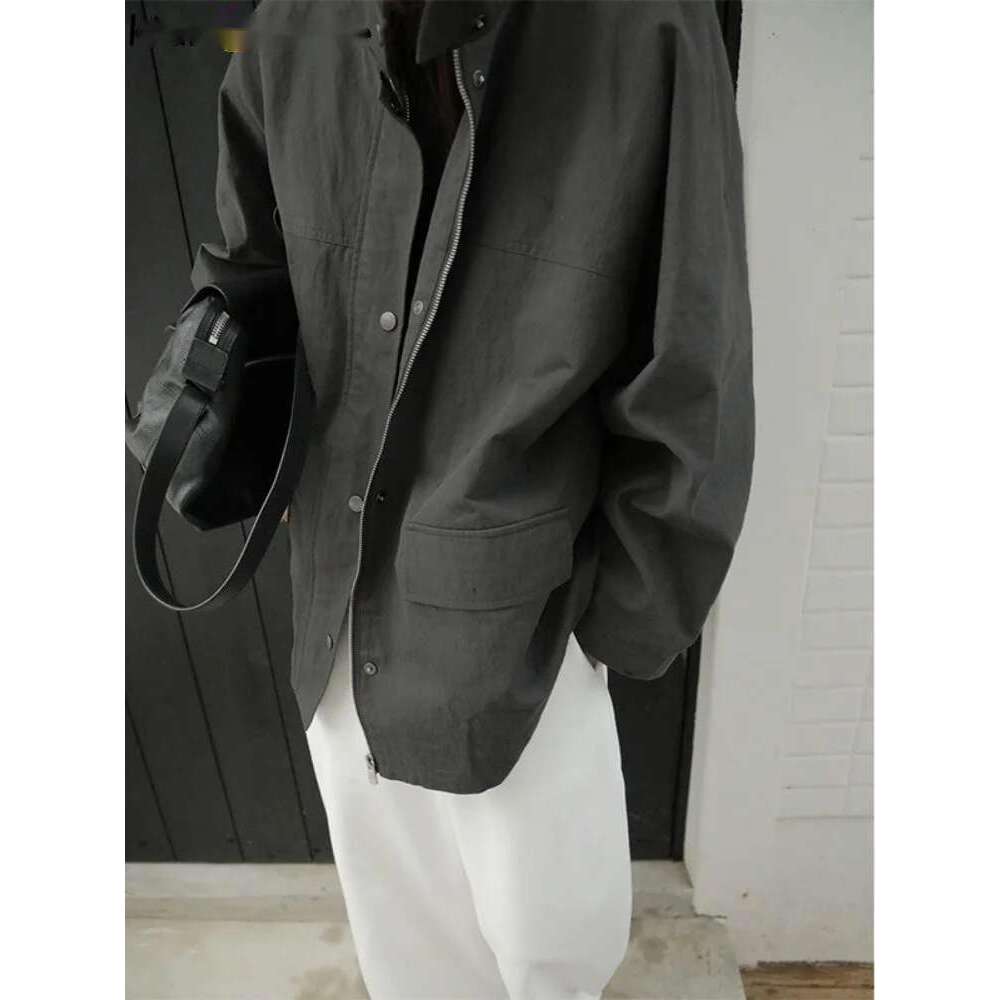 2025 Relaxed Loose Shoulder Jacket Women Spring Stand Collar Silhouette Top Rice Apricot/Light Blue/Dark Gray