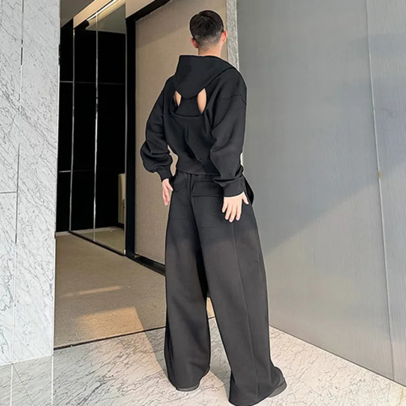 PFNW er Mens Two Piece Sports Pants Hollow Back Open Splicing Zipper Sweatshirt Wide Leg Pants Spring C5068 250220