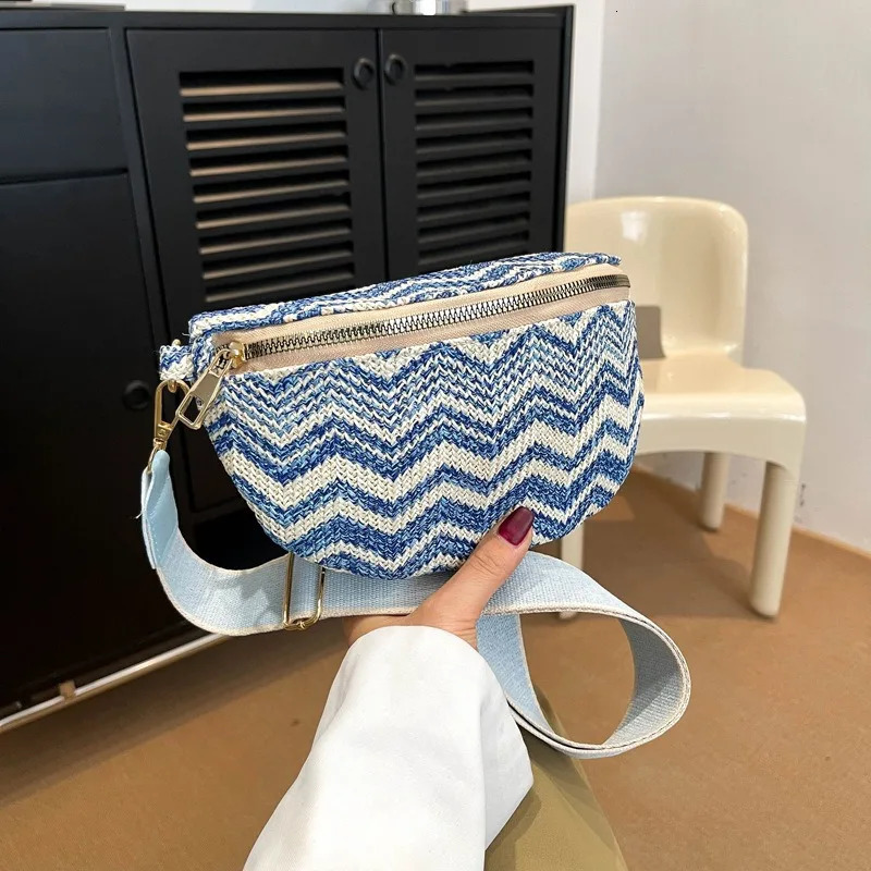 Stylish Straw Braid Fanny Packs For Women Wavy Stripe Waist Pack Ladies Contrast Colour Bag Woven Design Female Chest 250219