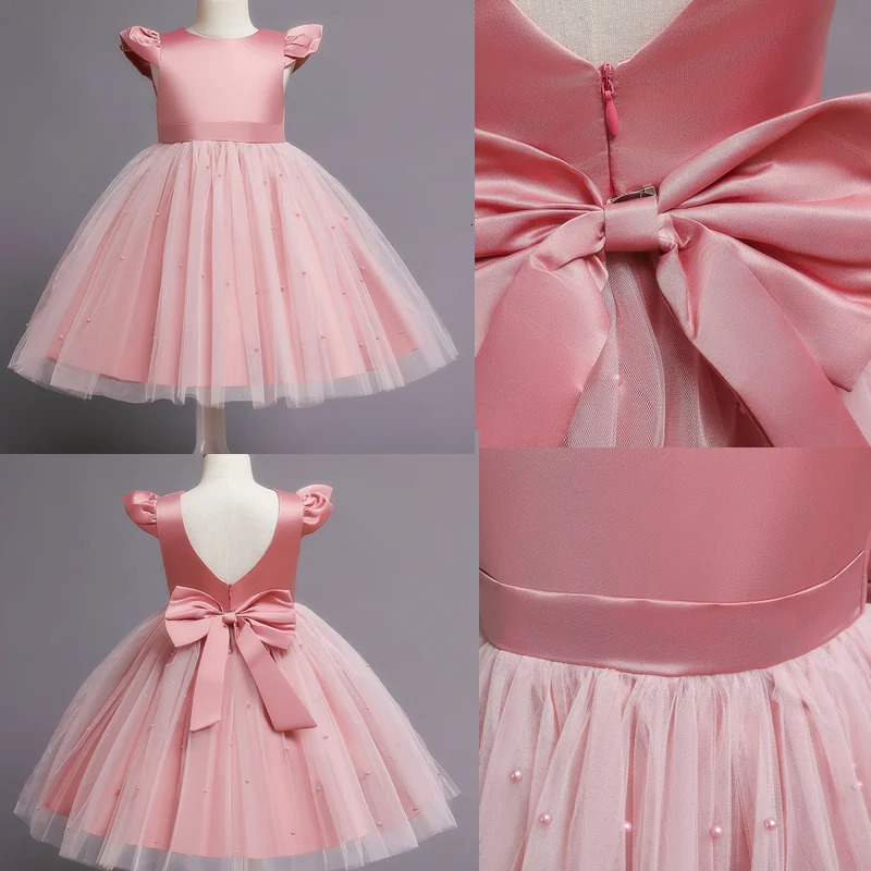 Toddler Girl Flower Birthday Tulle Dress Backless Bow Wedding Gown Kids Party Wear Princess Pink Dress Baby Girl Bowknot Dresses 250220