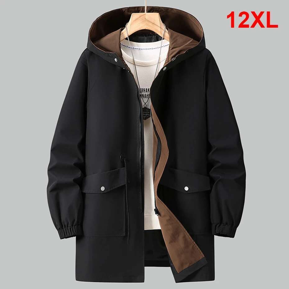 Men's Long Hooded Windproof Jacket, Casual Clothing, Solid Color, Large Size 10XL 12XL