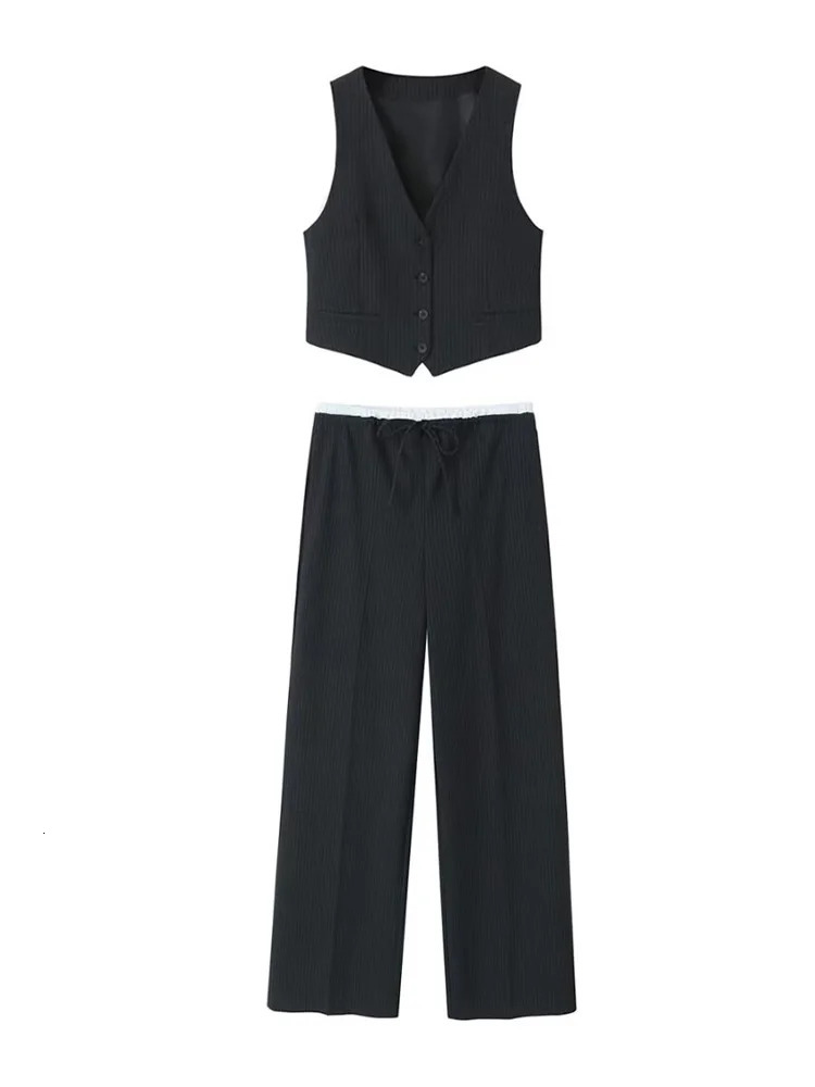 Willshela Women Fashion Two Piece Set Khaki Tank Tops Straight Leg Pants Vintage V-Neck Single Breasted Female Chic Pants Suit 250219