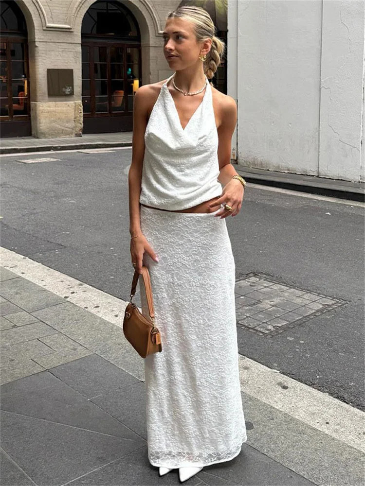 Tossy White Printed 2 Piece-Set Long Skirt Female Lace-Up Backless Sexy Tank Top And High Waist Slim Maxi Skirt Sets Womens 250220
