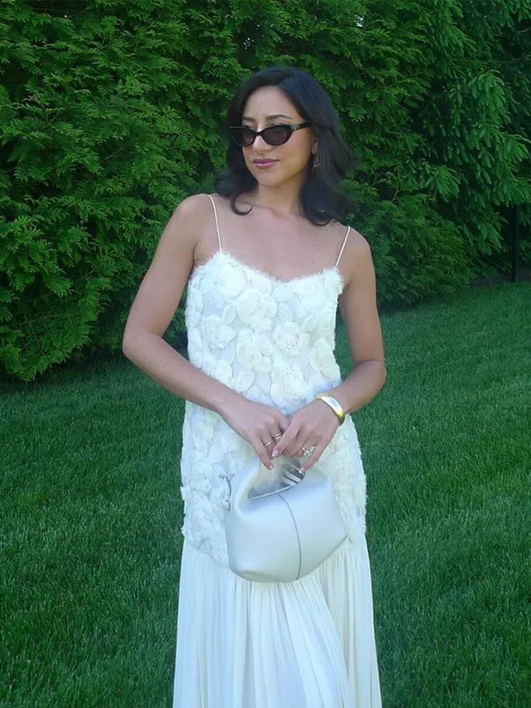 Elegant 3D Flower Party Dres Sling Backless Hip Package Patchwork Pleated Evening Dresses Female 2025 Spring Lady Dress 250220