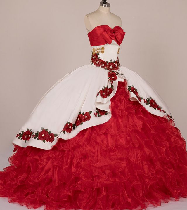 White And Red Charro Quinceanera Dress Tiered Ball Gown Sweet 16 Dresses Floral Embroidery Bow Sweetheart Sleevleess Corset Prom Party Birthday Vestid